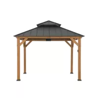   Kerti pavilon, Kaps, antracit, 330 × 330 cm, mennyezeti kampóval, szúnyogháló- és függönyrögzítő sínrendszerrel és szolár LED világítással, cédrusfa szerkezettel, kétszintes acéltetővel, időjárásálló