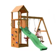   Kerti játszótér, Play 006, 370 x 303 x 272 cm, fenyőfából, 2,2 m-es zöld csúszdával, 2 hintával, mászófallal és homokozóval, teak színű impregnálással