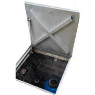  Aknafedlap, AISI316, 700 x 700 mm, ezüst, teleszkópos, rozsdamentes acél, 25 mm mély tálcával, hőszigetelt, burkolható, gázrugós, vízelvezető vályú