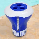 Vegyszeradagoló, Poolx, 17 cm, sötétkék/fehér, úszó kivitel, beépített hőmérővel, állítható adagolás, 100 g-os tablettákhoz, UV-álló műanyag