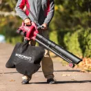 Akkumulátoros lombfúvó-szívó, Worcraft CLBV-S40Li ShareSYS, piros/fekete, 2 x 20 V Li-Ion, légsebesség: 230 km/h, légszállítás: 8 m3/perc, 45 l gyűjtőzsák, akkumulátorral és töltővel
