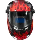 Hegesztő fejpajzs, Strend Pro Galaxy Flame, fekete, automata sötétedésű, napelemes, állítható érzékenység és késleltetés, DIN 9–13, látómező: 92,5 × 42,5 mm, 1/30000 mp reakcióidő