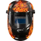Hegesztő fejpajzs, Strend Pro Galaxy Fire Skull, fekete, automata sötétedésű, napelemes, állítható érzékenység és késleltetés, DIN 9–13, látómező: 92,5 × 42,5 mm, 1/30000 mp reakcióidő
