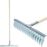   Kerti gereblye, Strend Pro Garden R108A.WH, ezüst, 16 fogú, acél fej, fa nyél, 44 cm munkaszélesség, 150 cm nyél, gyepszellőztető
