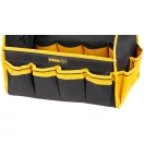 Szerszámos táska, Strend Pro, 45 × 28 × 33 cm, fekete/sárga, textil, nehéz szerszámokhoz, oldalzsebekkel, rögzíthető vállpánttal, 20 kg teherbírás