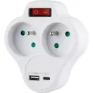 USB-s elosztó kapcsolóval, Strend Pro, 2 aljzat, fehér, 2 × 16 A, 230 V, USB-A és USB-C, kompakt kialakítás, otthoni és irodai használatra