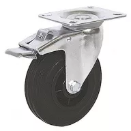   Kerék, Renost 521F NL-V100C, fekete/ezüst, átmérő: 100 mm, forgó, fékes, gumi futófelület, acél ház, PP felni, tűgörgős csapágy, maximum 60 kg teherbírás