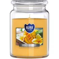   Illatgyertya, MagicHome Aura, édes mangó illat, 500 g, üvegben, paraffinalapú viasz, pamut kanóc, 100 órás égési idő
