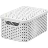   Tárolókosár, Curver Style2 Lid S, krémszínű, 29 × 20 × 14 cm, egymásra rakható, műanyag, rattan hatású, fogantyúkkal, fedeles, szögletes