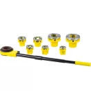 Kézi menetvágó készlet, Strend Pro PP3304.T062, sárga/fekete, 7 db (3/8", 1/2", 3/4", 1", 5/4", 6/4", 2") menetvágó fej, racsnis tokmány, 2 hosszabbítókar