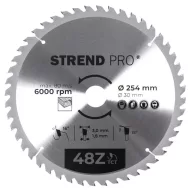   Körfűrészlap, Strend Pro, 254 × 3,0 × 30/20 mm, 48 db SK fog, hangtompító és tágulási hornyokkal, puhafához, keményfához, OSB, MDF, furatszűkítővel