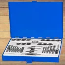 Menetfúró és menetmetsző készlet, Strend Pro SX1436, kék, 33 db, HSS acél, M3–M12 metrikus menetméretek, 1/4"-1/2" UNC menetméretek, 1/8"-1/4" BSP menetméretek