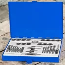 Menetfúró és menetmetsző készlet, Strend Pro SX1436, kék, 33 db, HSS acél, M3–M12 metrikus menetméretek, 1/4"-1/2" UNC menetméretek, 1/8"-1/4" BSP menetméretek