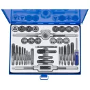 Menetfúró és menetmetsző készlet, Strend Pro SX1436, kék, 33 db, HSS acél, M3–M12 metrikus menetméretek, 1/4"-1/2" UNC menetméretek, 1/8"-1/4" BSP menetméretek