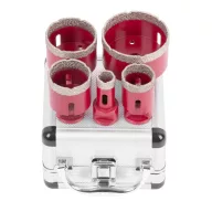   Gyémánt koronafúró készlet, Strend Pro Premium DCB11S5, piros, átmérő: 20, 35, 45, 55, 72 mm, menet: M14, csempéhez, kőburkolathoz, hordtáskában