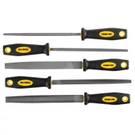   Reszelőkészlet, Strend Pro FS1015, szürke, 20 cm, 5 db (kör, félkör, háromszög, négyzet, lapos), edzett acél talp, műanyag markolat, fém, fa, műanyag megmunkálásához