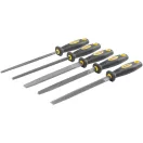 Reszelőkészlet, Strend Pro FS1015, szürke, 20 cm, 5 db (kör, félkör, háromszög, négyzet, lapos), edzett acél talp, műanyag markolat, fém, fa, műanyag megmunkálásához