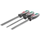 Reszelőkészlet, Strend Pro SR1003, szürke, 20 cm, 3 db (kör, lapos, félköríves), edzett acél test, műanyag markolat, fém, fa, műanyag megmunkálásához