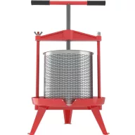   Gyümölcsprés, Strend Pro, piros/ezüst, 9 l, fém, csavarnyomásos, lépréseléshez, rozsdamentes acél perforált henger, szűrőzsákkal