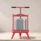 Gyümölcsprés, Strend Pro, piros/ezüst, 9 l, fém, csavarnyomásos, lépréseléshez, rozsdamentes acél perforált henger, szűrőzsákkal