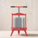 Gyümölcsprés, Strend Pro, piros/ezüst, 9 l, fém, csavarnyomásos, lépréseléshez, rozsdamentes acél perforált henger, szűrőzsákkal