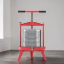 Gyümölcsprés, Strend Pro, piros/ezüst, 9 l, fém, csavarnyomásos, lépréseléshez, rozsdamentes acél perforált henger, szűrőzsákkal