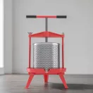 Gyümölcsprés, Strend Pro, piros/ezüst, 9 l, fém, csavarnyomásos, lépréseléshez, rozsdamentes acél perforált henger, szűrőzsákkal