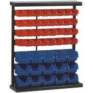  Rendszerező állvány, Strend Pro HL3202, 94 x 30 x 115 cm, fekete, műanyag piros és kék dobozokkal, 47 tárolóhely, 32 kis és 15 nagy doboz