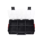Rendszerező koffer, Qbrick Patrol System Two Organizer Flex Plus, 53 × 31 × 13 cm, fekete, 14,3 l, moduláris, polikarbonát fedél, poliamid reteszek, 12 kivehető rekesz