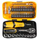 Bit és dugókulcs készlet, Strend Pro WT549, 39 részes, sárga/fekete doboz, 1/4", racsnis, 24 db bit, 10 db dugókulcs, hosszabbítók, toldatok