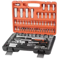   Bit és dugókulcs készlet, Strend Pro WT940, 94 részes, narancssárga/fekete doboz, 1/4", 1/2", racsnis, 30 db bit, 49 db dugókulcs, toldók, fogantyúk, adapterek