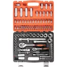 Bit és dugókulcs készlet, Strend Pro WT940, 94 részes, narancssárga/fekete doboz, 1/4", 1/2", racsnis, 30 db bit, 49 db dugókulcs, toldók, fogantyúk, adapterek