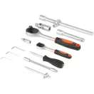Bit és dugókulcs készlet, Strend Pro WT940, 94 részes, narancssárga/fekete doboz, 1/4", 1/2", racsnis, 30 db bit, 49 db dugókulcs, toldók, fogantyúk, adapterek