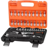   Bit és dugókulcs készlet, Strend Pro S246, 46 részes, narancssárga/fekete doboz, 1/4", racsnis, 13 db bit, 21 db dugókulcs, hosszabbítók, toldatok