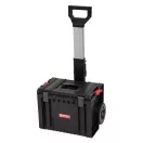Szerszámosláda, Qbrick Patrol Pro Cart, 45 × 39 × 69 cm, fekete, 28 l, kerekes, teleszkópos alumínium fogantyú, víz- és porálló, fém tengely, moduláris rendszer