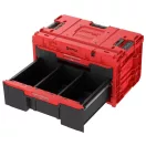Tárolódoboz készlet, Qbrick Patrol System One Workshop Red, 58,7 × 38 × 34 cm, piros, 4 részes, moduláris, fiókos, automata zárral, fémsínes, görgős platform fékkel