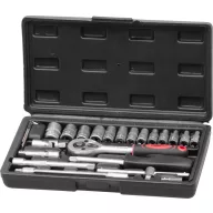   Dugókulcs-készlet, Strend Pro, fekete doboz, 25 részes, 1/4", Cr-V, racsnis, kardáncsuklóval és hosszabbítókkal, hordtáskában