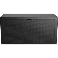   Kerti tárolóláda, Keter Emily, sötétszürke, 117,8 × 44,5 × 58 cm, 277 l, időjárásálló, lakatolható, kerekes, fogantyúkkal, rattan hatású, ülőhelyként is használható