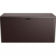   Kerti tárolóláda, Keter Emily, barna, 117,8 × 44,5 × 58 cm, 277 l, időjárásálló, lakatolható, kerekes, fogantyúkkal, rattan hatású, ülőhelyként is használható