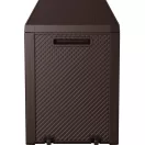 Kerti tárolóláda, Keter Emily, barna, 117,8 × 44,5 × 58 cm, 277 l, időjárásálló, lakatolható, kerekes, fogantyúkkal, rattan hatású, ülőhelyként is használható
