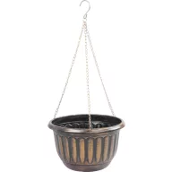   Függő virágcserép, Strend Pro Garden, arany/fekete, átmérő: 24,5 cm, magasság: 15 cm, lánccal és akasztóval, műanyag, antikolt, kerek