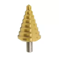   Lépcsős fémfúró, Strend Pro SD421, átmérő: 10–45 mm, HSS 4241 gyorsacél, titán-nitrid bevonat (TiN), egyenes, fémhez