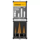 Lépcsős fémfúrókészlet, Strend Pro, 3 db, 4-12 mm, 4-20 mm, 4-32 mm, HSS 4241 gyorsacél, titán-nitrid bevonat (TiN), egyenes kialakítás