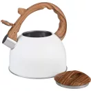 Teáskanna, MagicHome, 2500 ml, fehér, sípoló, rozsdamentes acél, fahatású fogantyú, indukciós kompatibilis
