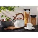 Teáskanna, MagicHome, 2500 ml, fehér, sípoló, rozsdamentes acél, fahatású fogantyú, indukciós kompatibilis