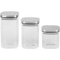   Tárolódoboz szett, MagicHome, átlátszó, 3 db, 800/1100/1500 ml, négyzet alakú, élelmiszerek tárolására, üveg, rozsdamentes acél kupak, mosogatógépben mosható