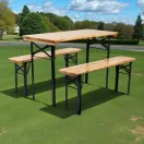 Strend Pro Dortmund Mini3 sörpad szett, 117 x 56 x 76,5 cm, barna, összecsukható fém lábakkal, lakkozott fa felülettel, kültéri használatra