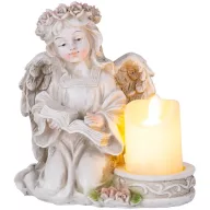   Sírdísz, MagicHome Vianoce, angyal könyvvel és gyertyával, 17,5 x 12 x 17,5 cm, polirezin, 1 db LED, melegfehér, elemes (2 x CR2032)