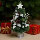 MagicHome műfenyő, díszített, ezüst, levelekkel, 40 cm