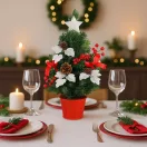 MagicHome műfenyő, díszített, piros, levelekkel, 40 cm